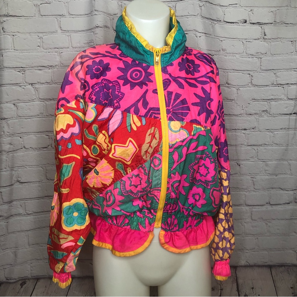 London Fog 80’s / 90’s geometric colorful sweatsuit jacket bottoms ruffle size S